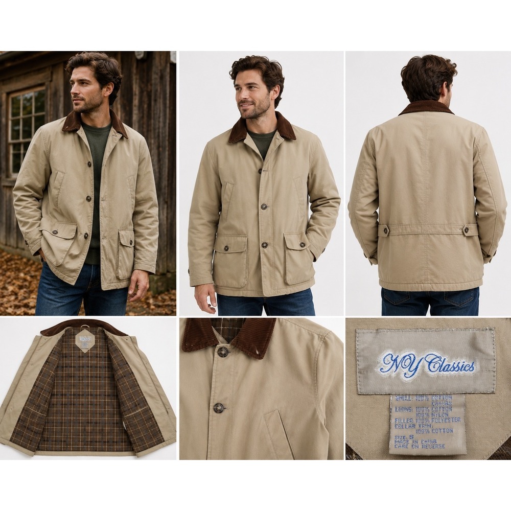 NY Classics Mens Tan Cotton Canvas Barn Jacket Corduroy Collar Plaid Lined Small - Picture 2 of 9